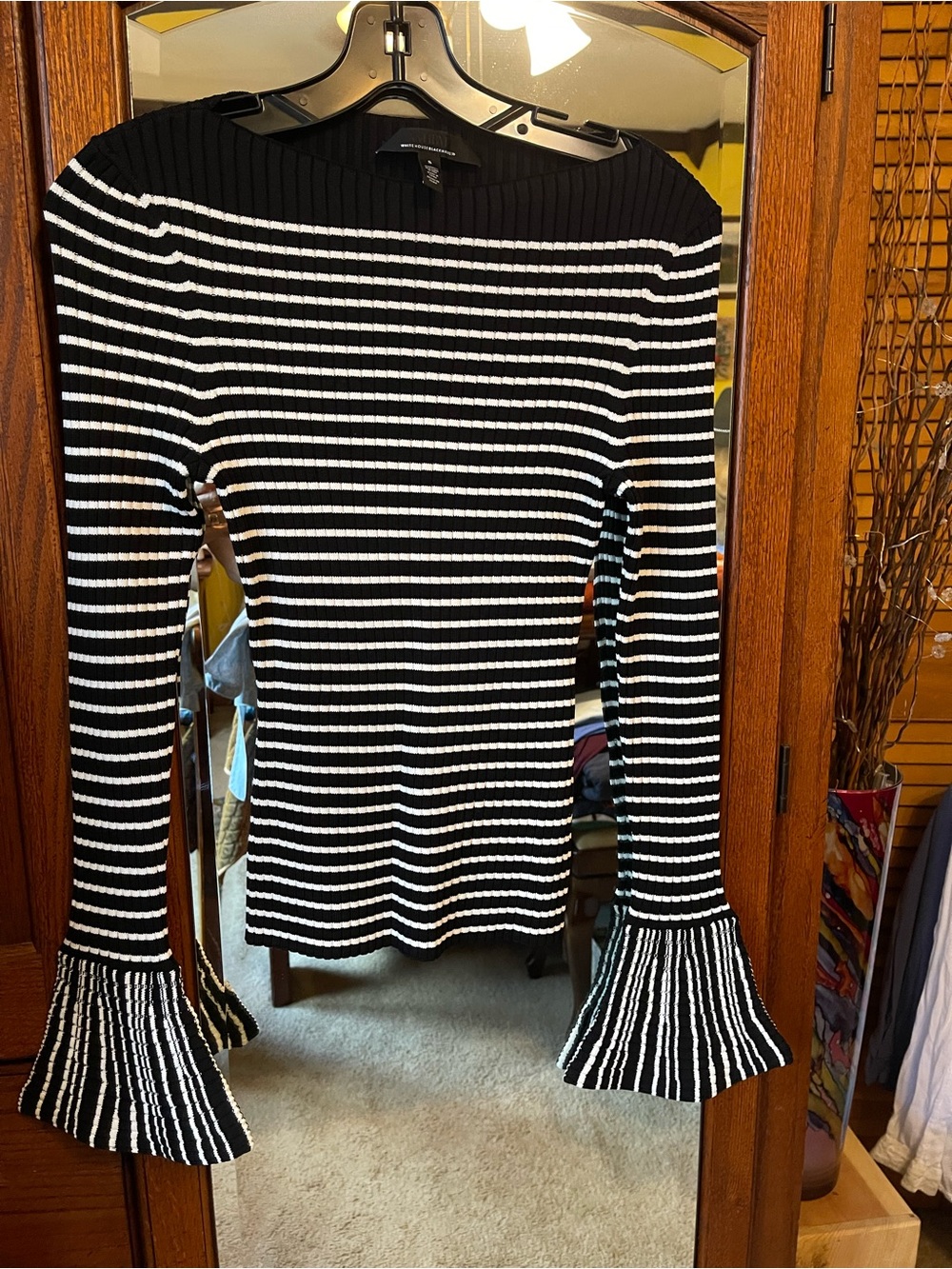 White House Black Market Black and White Striped Ribbed Bell-Sleeve Sweater